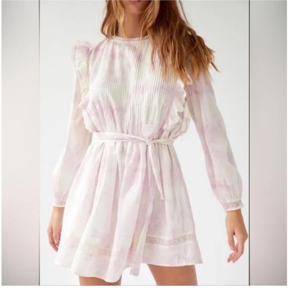 Aritzia Wilfred la boheme Elia Ruffled Tie Dye Prairie Mini Dress drop waist - Picture 2 of 12